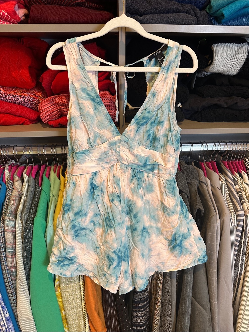 Forever 21 blue/pink tie dye lined back tie/zipper closure lined romper size S